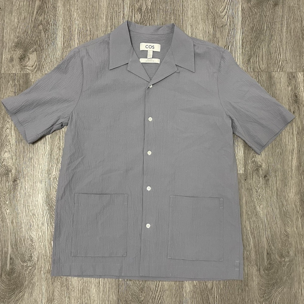 COS Shirt Men's Small Gray Camp Collar Cotton Seersucker Button Up Relaxed Fit